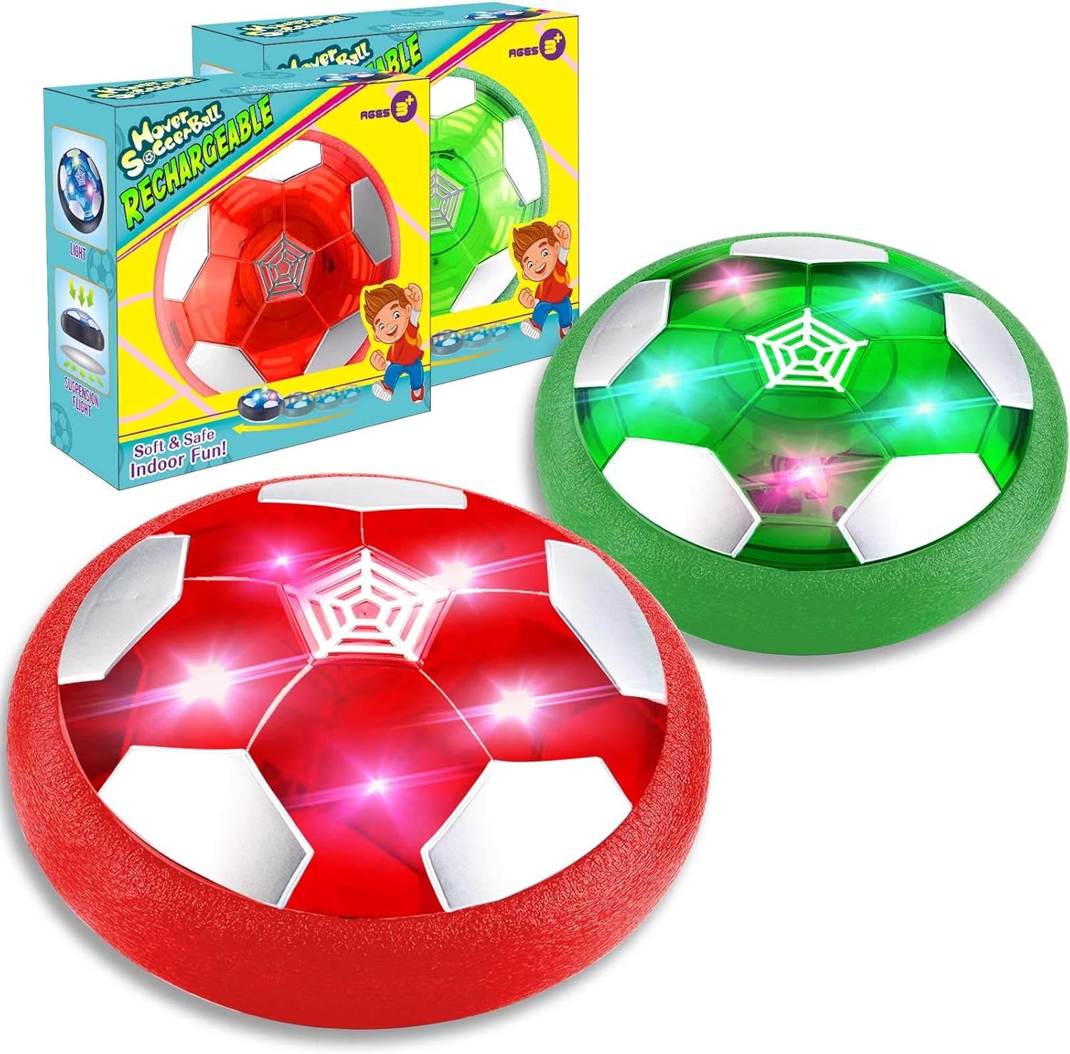 2 Pack Hover Soccer Ball Toys Gifts for Kids 3-12 Years, LED Light Floating Soccer Toys Christmas Birthday Gift for Boy Girl (Green & Red)